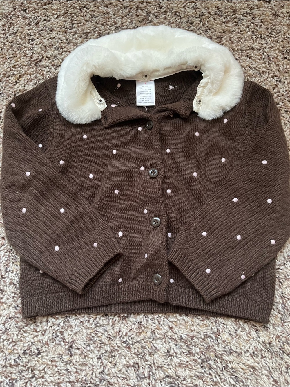 Gymboree brown and pink polka dot cardigan with faux fur removable collar
